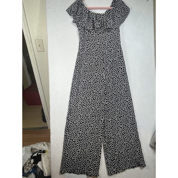 Betsey Johnson Afterdark Jumpsuit Size 6 Navy Blue Polka Dot Off the Shoulder - Picture 2 of 11
